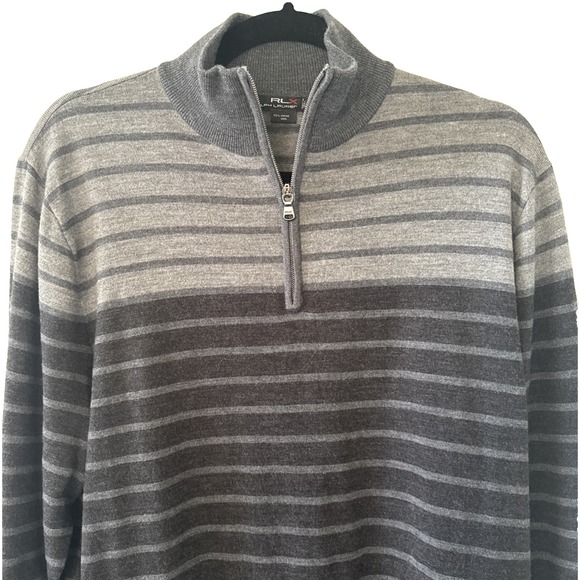 RLX Ralph Lauren 1/4 Zip Merino Wool Sweater Mens Large Gray Stripe Golfing NWT - Picture 1 of 16